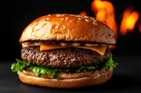 Delicious cheeseburger with lettuce and bunの素材