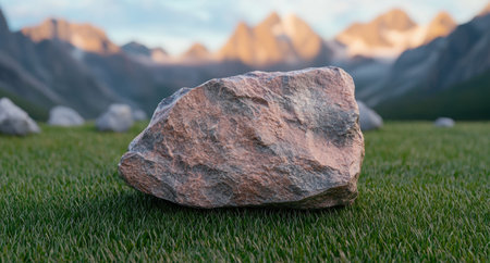 large rock in grassy field with mountain range in backgroundの素材