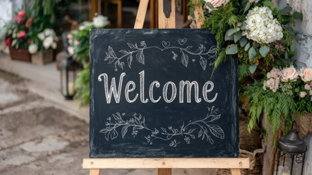 Welcoming floral display with chalkboard signの素材