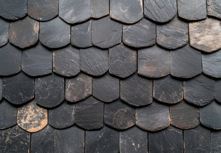 Weathered wooden shingles on a rustic roofの素材