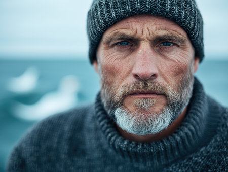 Rugged man with beard in warm winter clothingの素材