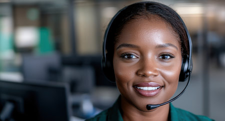 Smiling customer service representative with headsetの素材