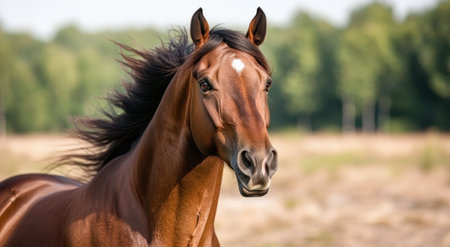 close-up portrait of a beautiful brown horse with a flowing maneの素材
