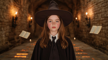 young witch in dark castle hallwayの素材