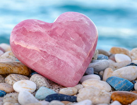 pink heart-shaped crystal on beach pebblesの素材