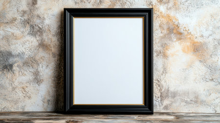 empty black and gold picture frame on rustic wooden tableの素材