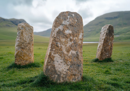 Standing stones in a grassy field with mountains in the backgroundの素材