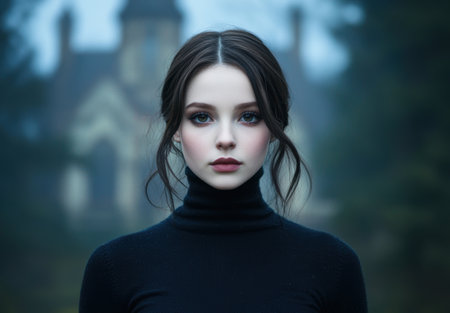 Mysterious woman in black sweater gazing into the distanceの素材