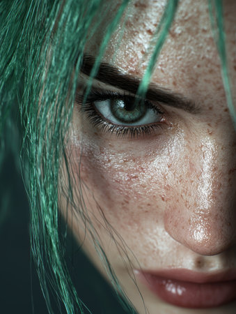 close-up of a woman's face with green hair and wet skinの素材