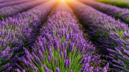 Vibrant lavender field with sun raysの素材