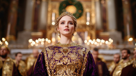 Elegant woman in ornate golden dress and crownの素材