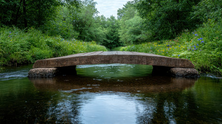 Serene wooden bridge over a tranquil stream in a lush forestの素材