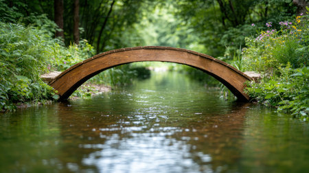 Wooden arch bridge over a tranquil forest streamの素材