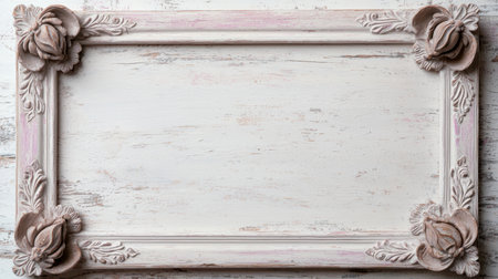 Vintage floral frame on distressed white wood backgroundの素材