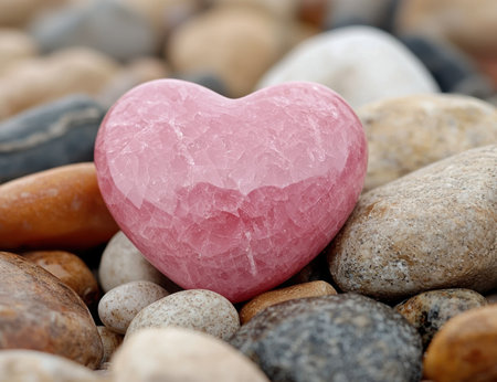heart-shaped pink crystal on rocksの素材