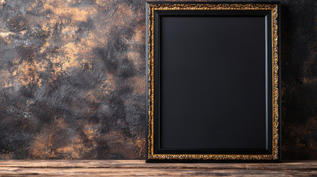 Ornate golden frame on wooden tableの素材