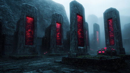 Mysterious glowing monoliths in a misty, otherworldly landscapeの素材