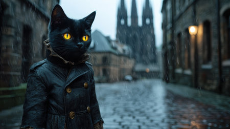 black cat in rain on city streetの素材