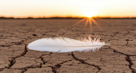 Serene desert sunset with feather on cracked earthの素材