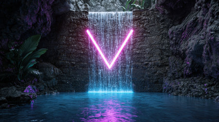Magical waterfall with neon lights in tropical jungleの素材