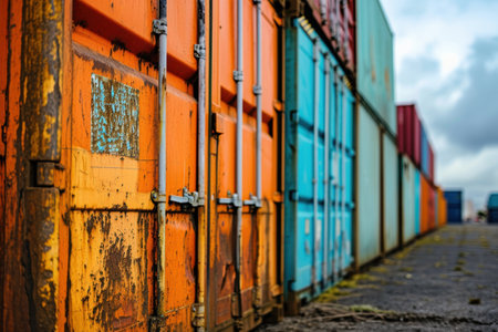 Vibrant colored cargo containers in a rowの素材