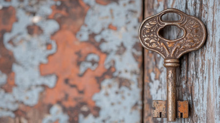 Antique key on rustic wooden backgroundの素材