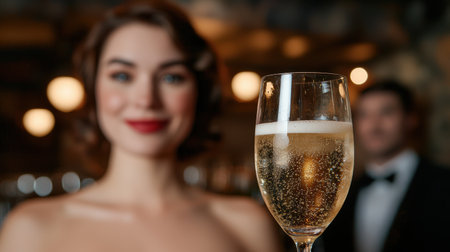 woman with glass of champagne at partyの素材