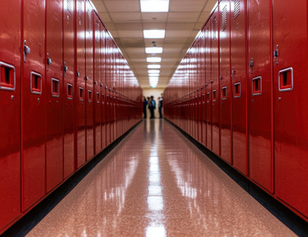 Rows of red lockers in a school hallwayの素材
