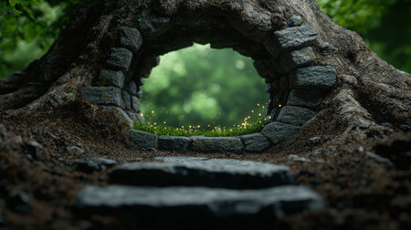 Magical forest entrance with glowing firefliesの素材