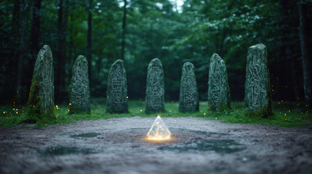 mystical forest with glowing crystal and ancient stone monolithsの素材