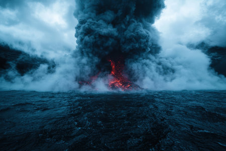 Dramatic volcanic eruption with fiery lava and billowing smokeの素材