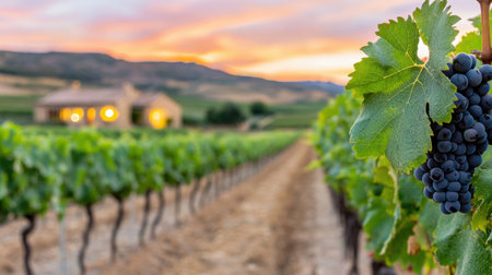 Scenic vineyard landscape at sunsetの素材