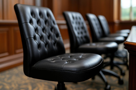row of black leather office chairs in a conference roomの素材