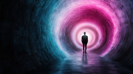 Silhouette figure in colorful abstract tunnelの素材