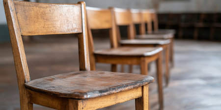 Vintage wooden chairs in a rowの素材