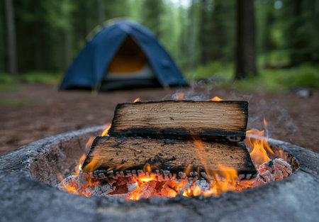 Campfire in the forest with tent in backgroundの素材