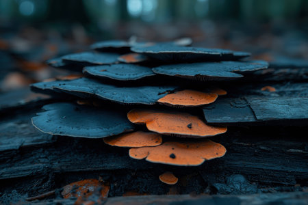 Mysterious mushrooms growing on decaying woodの素材