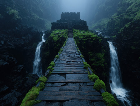 Mysterious stone stairway leading to ancient ruins in misty forestの素材