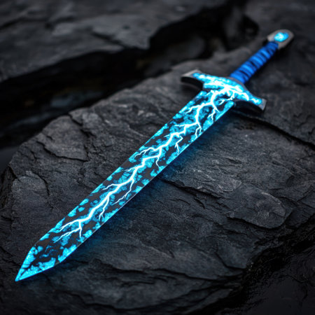 Glowing blue dagger on dark rock surfaceの素材