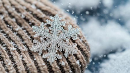 Intricate snowflake on a snowy surfaceの素材