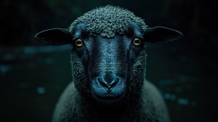 Closeup portrait of a black sheep with intense eyesの素材