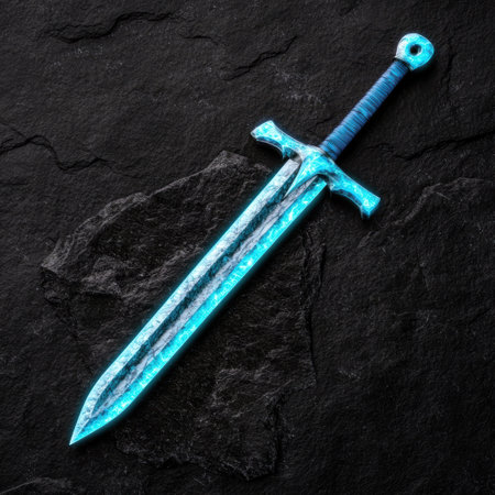 Ornate fantasy sword on dark stone backgroundの素材