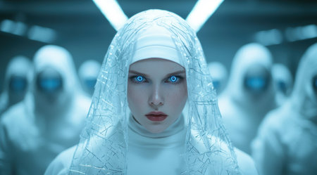 Futuristic woman with glowing blue eyesの素材