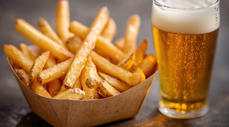 Crispy golden french fries with a refreshing cold beerの素材
