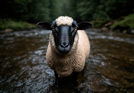 Curious sheep in a streamの素材