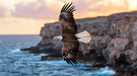 Majestic bald eagle soaring over dramatic coastal sceneryの素材
