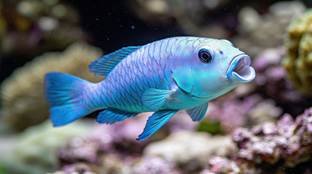 Vibrant blue and purple tropical fish swimming in coral reefの素材