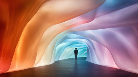 Surreal tunnel of vibrant colors and a silhouetted figureの素材