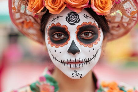 close-up of woman with sugar skull makeup and floral headpieceの素材
