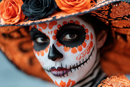 Day of the dead makeup with orange flowersの素材